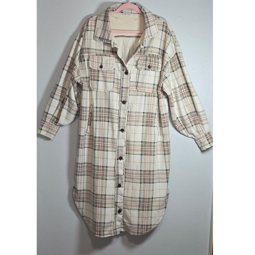 We The Free Free People Plaid Shacket Dress Small Cream Brown Distressed cozy